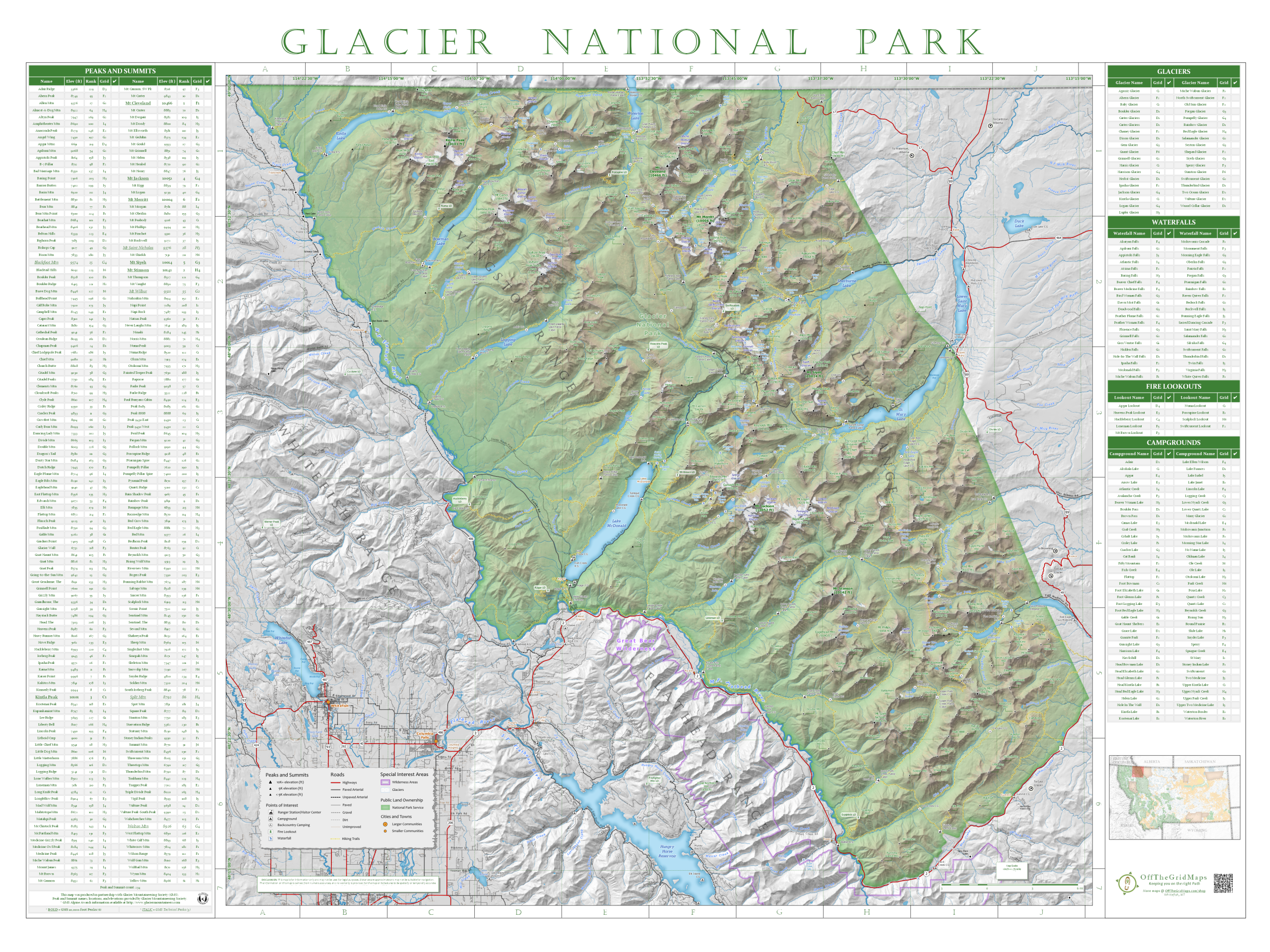Glacier National Park peaks and summits map